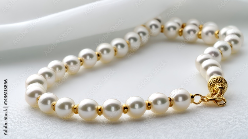 A string of pearls necklace with golden clasp on a white cloth surface A string of pearls necklace with golden clasp on a white cloth surface