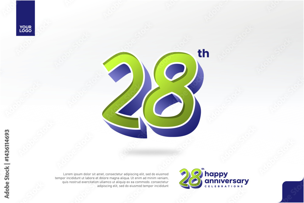 Fototapeta premium 28th Anniversary 3D Number with Silver Jubilee Design in Pear Green and Violet Blue