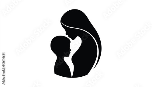 Mother And Child Love Silhouette Inside Heart With Leaves Vector Design