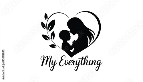 Mother And Child Love Silhouette Inside Heart With Leaves Vector Design