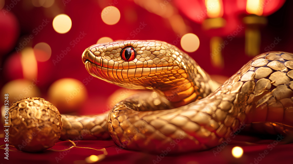 Golden snake with red eyes and ball against red and gold background Golden snake with red eyes and ball against red and gold background