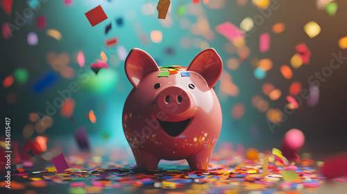 Pink piggy bank surrounded by colorful confetti