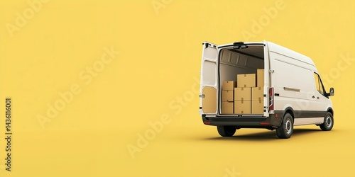 Delivery van with open doors,full of cardboard boxes,copy space,fast furniture movement,banner