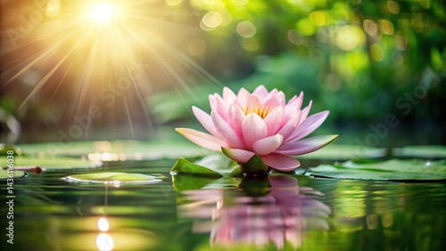 Wallpaper Mural Delicate pink lotus flower blooms on a serene water surface surrounded by lush greenery and soft sunlight filtering through the ripples , serene, nature Torontodigital.ca