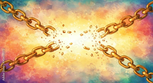 Broken chain illustration symbolizing freedom and liberation against a vibrant watercolor background representing hope and transformation