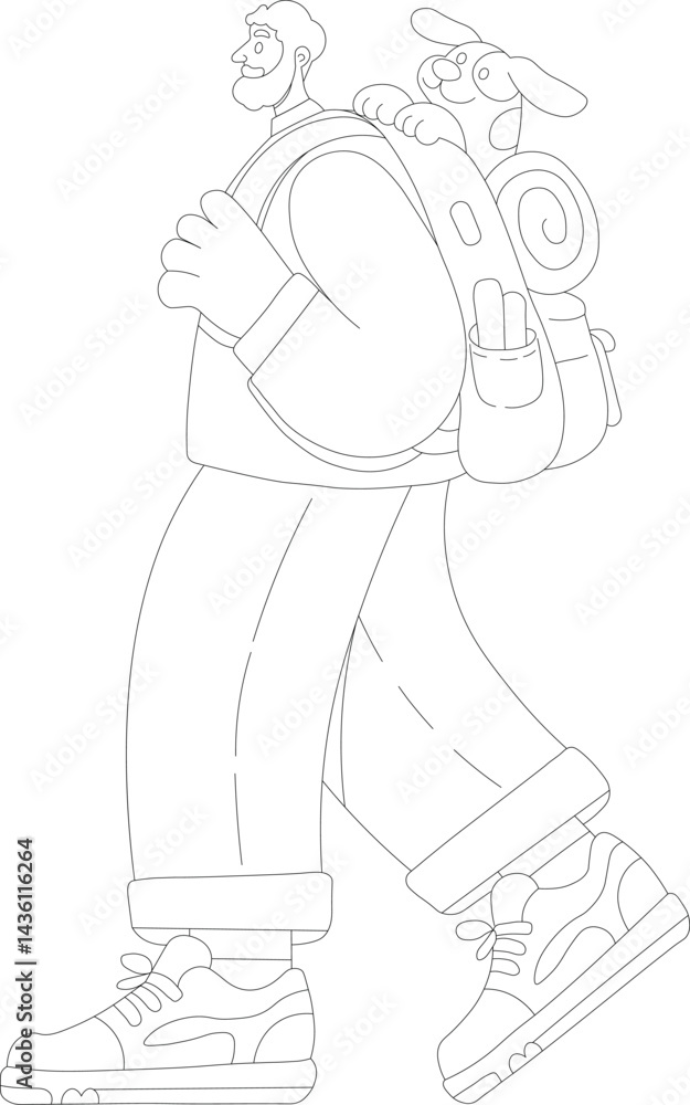 Outline drawing of an elderly man hiking with a dog in a backpack. Elderly hiker, outdoor adventure, traveling senior with pet. For coloring books, design templates, travel promotions. Outline drawing of an elderly man hiking with a dog in a backpack. Elderly hiker, outdoor adventure, traveling senior with pet. For coloring books, design templates, travel promotions.
