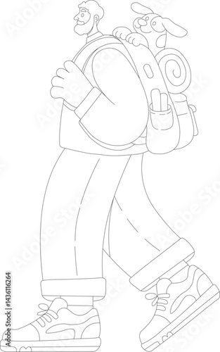 Outline drawing of an elderly man hiking with a dog in a backpack. Elderly hiker, outdoor adventure, traveling senior with pet. For coloring books, design templates, travel promotions.