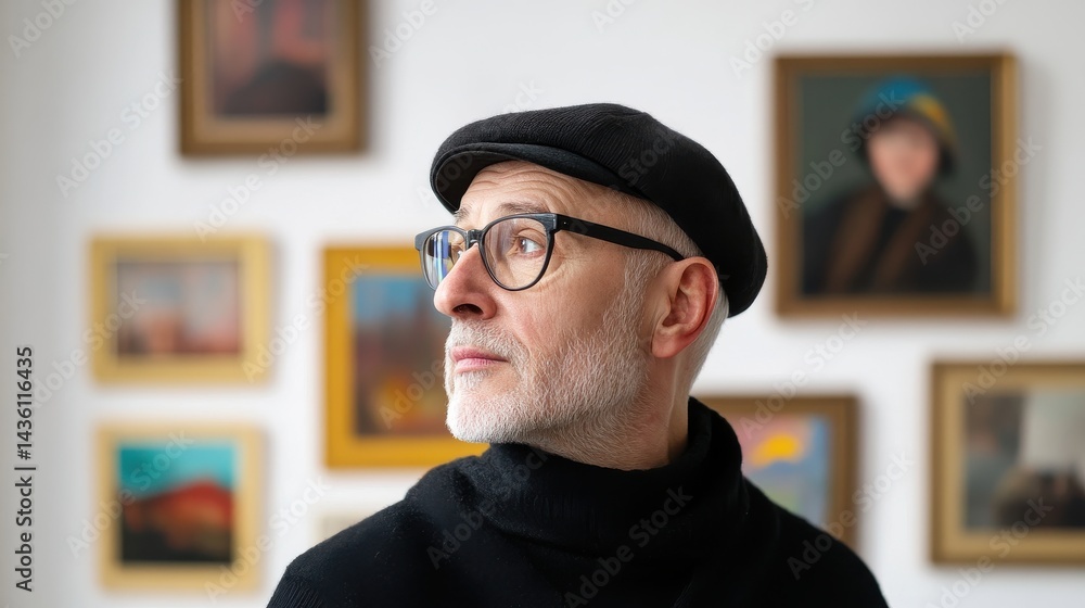 Mature Man Appreciating Art in Gallery Mature Man Appreciating Art in Gallery