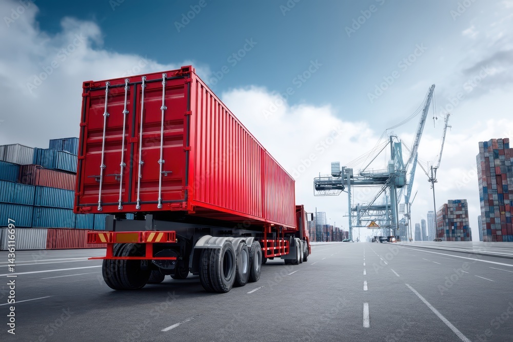 Fototapeta premium A red container truck on a road with containers and cranes in distance