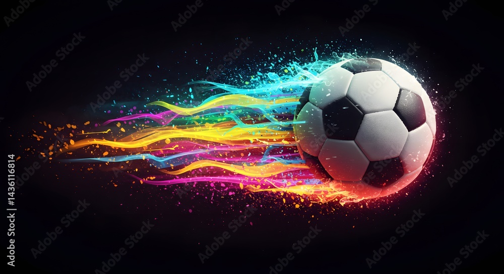 Fototapeta premium A soccer ball with a colorful trail of light streaks against a dark black background illustration