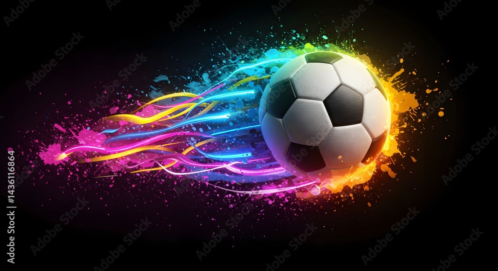 Fototapeta premium A soccer ball with colorful streaks and splashes on a black background in a dynamic composition