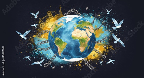Conceptual illustration of the Earth with chains and flying doves symbolizing global peace and freedom against industrial constraints