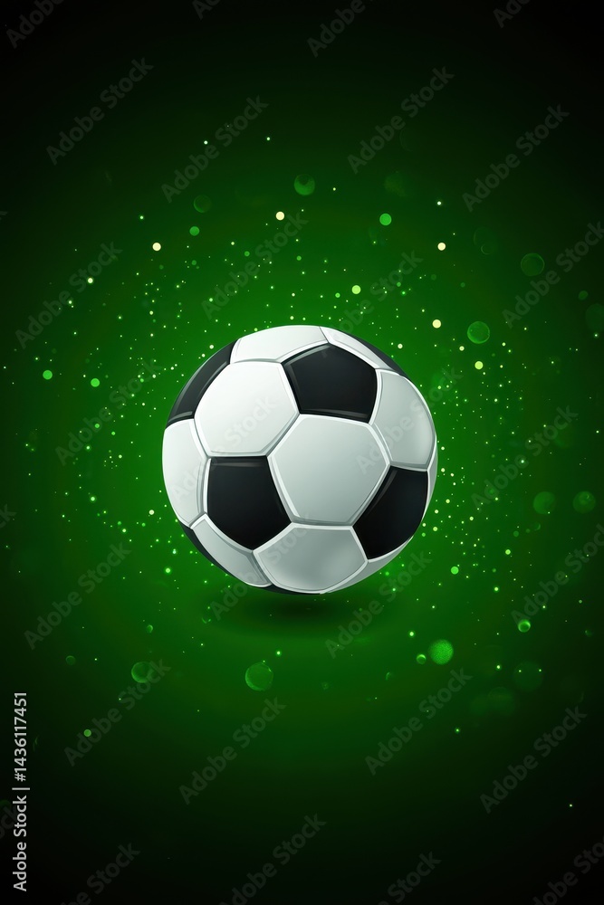 Fototapeta premium A vibrant soccer ball against a green background, showcasing dynamic motion with sparkling effects.