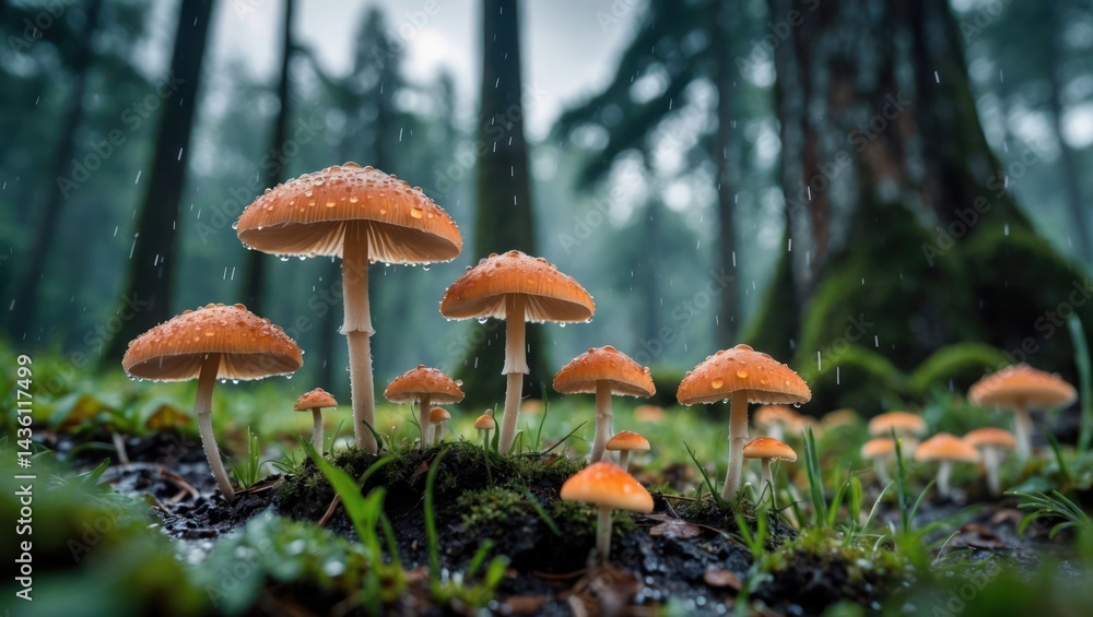 Fototapeta premium Mushrooms Growing in Forest During Rain Showers in Natural Setting