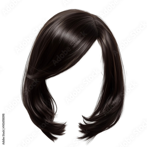 Dark brown hair wig on white background,flat lay arrangement,clipart,PNG,transparent background.