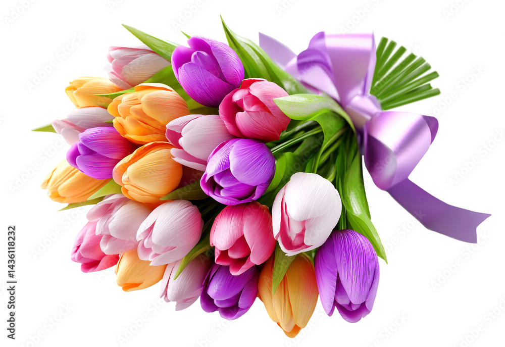 Colorful tulip bouquet with purple ribbon, isolated on transparent background. PNG