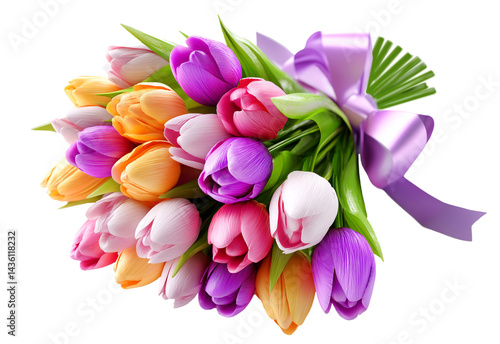 Obraz na płótnie Colorful tulip bouquet with purple ribbon, isolated on transparent background. PNG w salonie