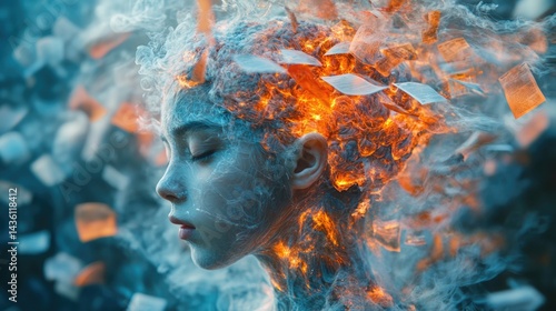 vector, illustration, cartoon character, Overwhelming information data explode out of head of young human brain, too much media, too much information, maximalism, news, social media addiction. 