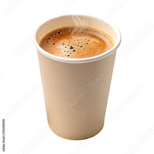Hot coffee in a paper cup, steam rising.