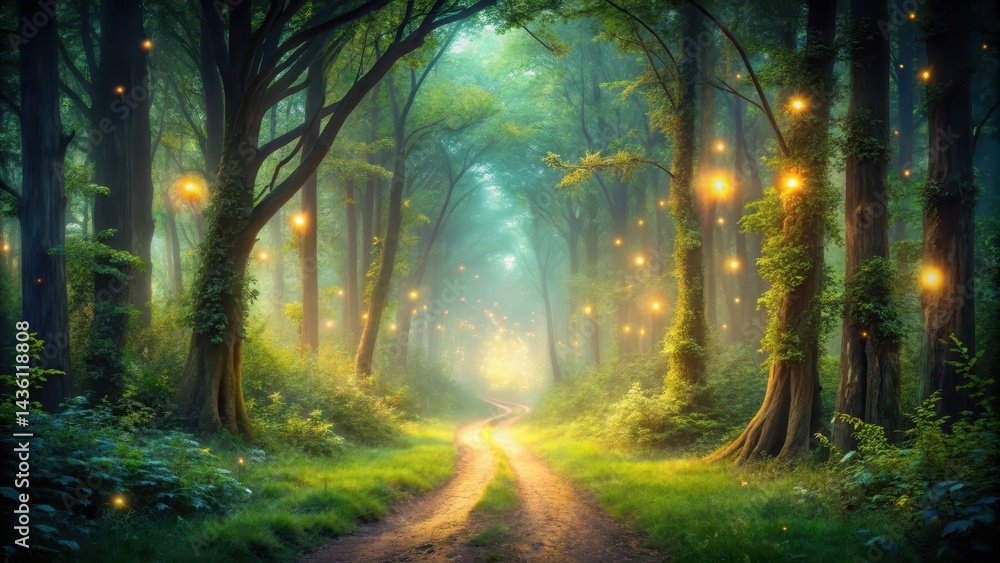 Fototapeta premium Forest Pathway Under Glow, enchanted forest