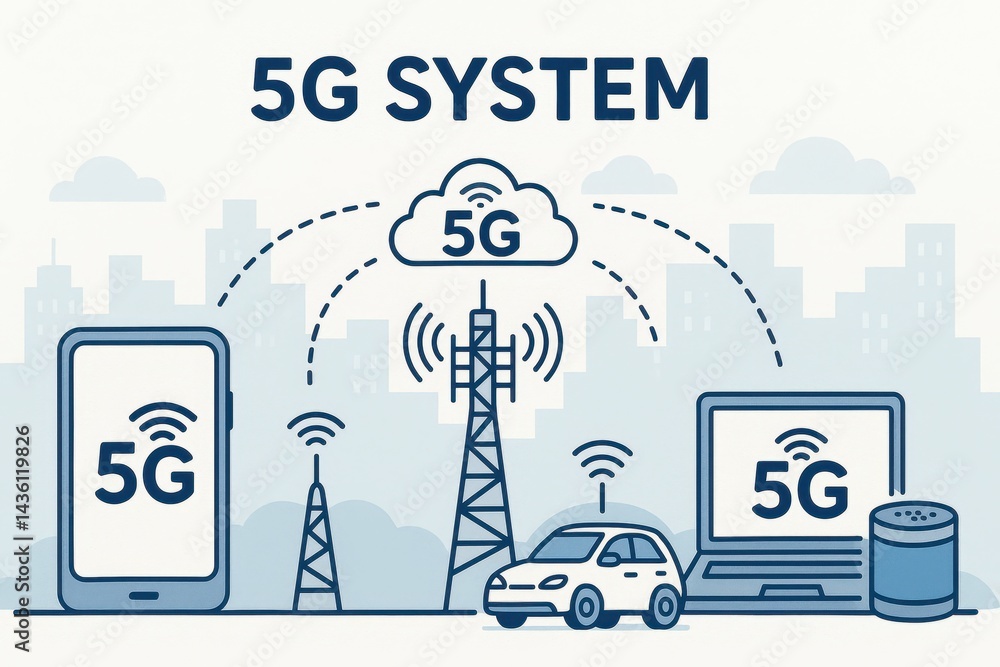 Naklejka premium Simple 5G Technology System Diagram with Devices and Towers