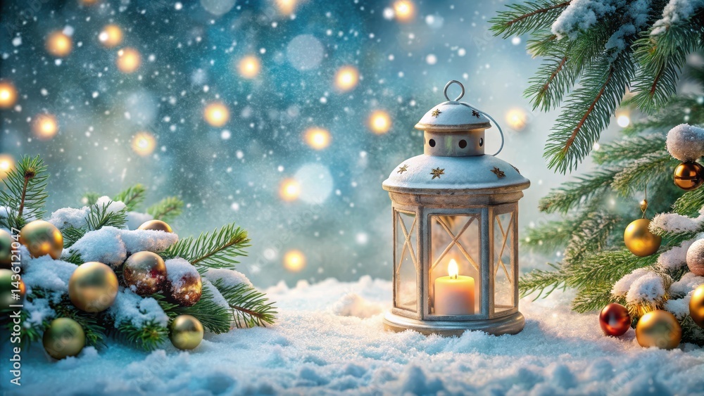 Winter wonderland scene featuring a snowy lantern adorned with fir branches and sparkling baubles, set against a backdrop of snow-covered evergreen trees, evergreen trees, twinkling lights Winter wonderland scene featuring a snowy lantern adorned with fir branches and sparkling baubles, set against a backdrop of snow-covered evergreen trees, evergreen trees, twinkling lights
