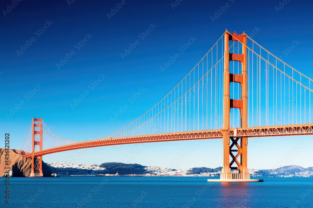 Iconic suspension bridge painted in red crossing over clear blue water under bright sky captured from low angle in wide urban landmark visual architecture concept Iconic suspension bridge painted in red crossing over clear blue water under bright sky captured from low angle in wide urban landmark visual architecture concept