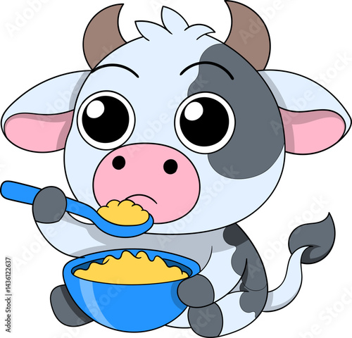 Cute Cartoon Cow Eating Cereal with Milk