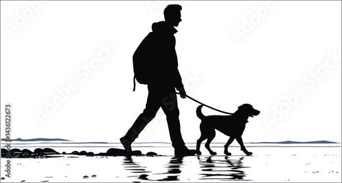 Silhouette Of A Man With Backpack Walking Dog On Watery Beach