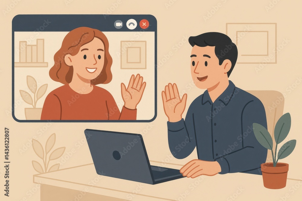 Simple Video Call Art Illustration with Person at Desk and Laptop