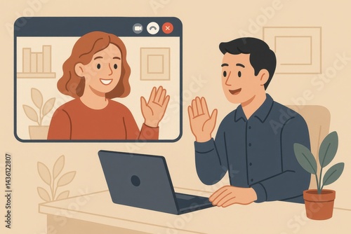 Obraz na płótnie Simple Video Call Art Illustration with Person at Desk and Laptop w salonie