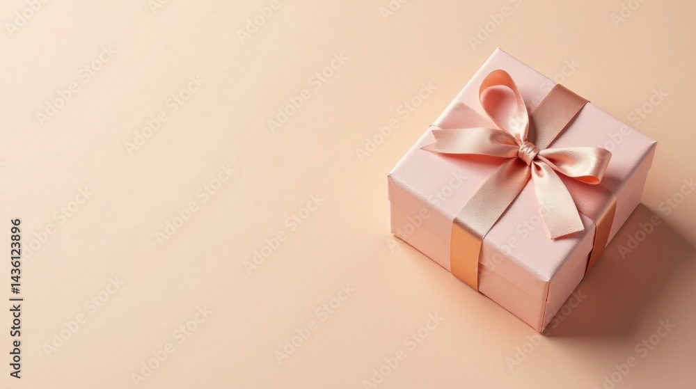 A delicately wrapped blush pink gift box with a soft rose gold ribbon bow, ready for a special occasion.