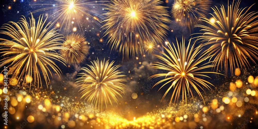 Fototapeta premium Sparkling golden fireworks exploding over a dark and festive night sky at an outdoor party, evening event, colorful explosions