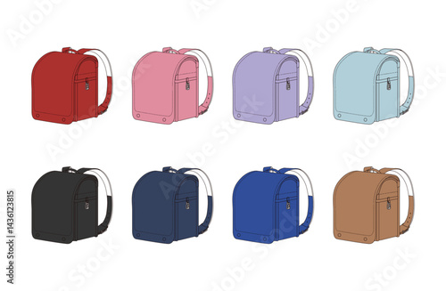 小学校のランドセルのシンプルなイラスト、男女セット、カラーバリエーション、入学