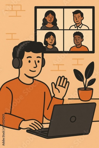Simple Video Conference Setup with Engaged Participants and Laptop