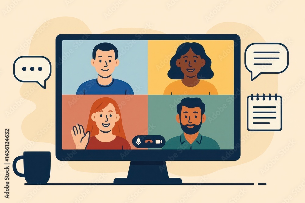 Virtual Meeting Scene with Four Participants in Simple Design