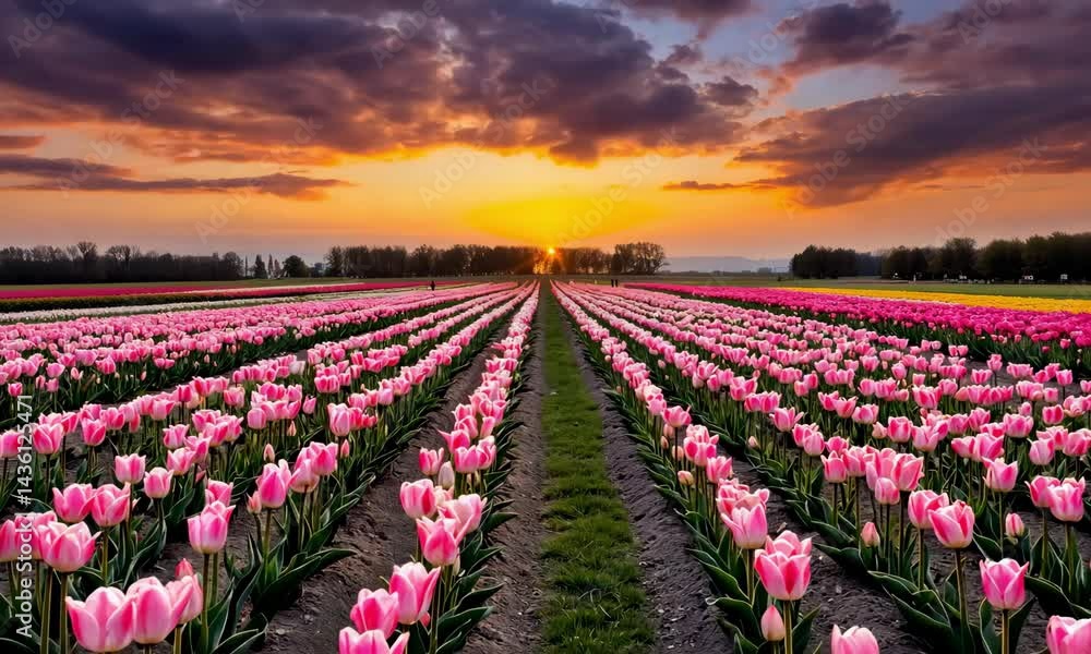 Pink Tulip Flower Garden with Sunset in the Background Pink Tulip Flower Garden with Sunset in the Background