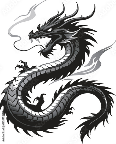 Dark Chinese Dragon Roaring in Stormy Clouds
