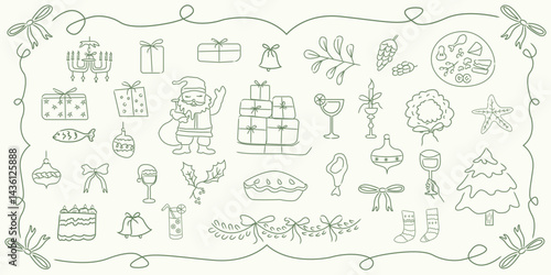 Hand drawn Christmas doodles collection with holiday food, gifts, decorations, and santa for greeting cards, invitations, party decor designs, wrapping paper and packaging designs.
