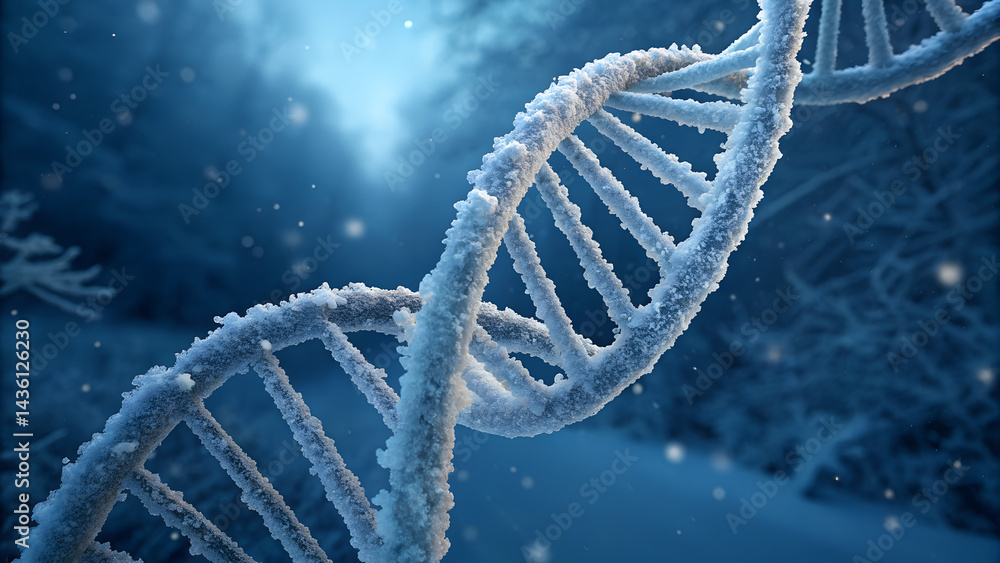Frozen DNA strand covered in frost in cold winter landscape symbolizing genetic preservation, cryogenics research, and futuristic science visuals Frozen DNA strand covered in frost in cold winter landscape symbolizing genetic preservation, cryogenics research, and futuristic science visuals