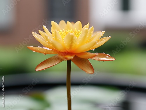 Obraz na płótnie Yellow lotus flower in water with shallow depth bokeh and morning sun glow featuring botanical bloom symbolizing calmness in nature macro photography for spiritual flower concept image w salonie