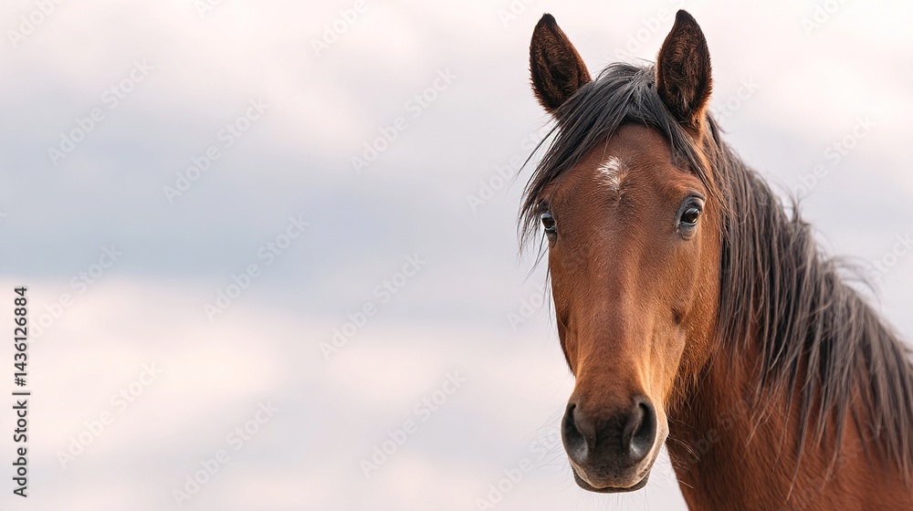 Obraz premium Majestic Bay Horse Standing Gracefully on Neutral White Background, Detailed Coat Texture, Soft Directional Lighting from Left, Elegant and Minimalist Composition