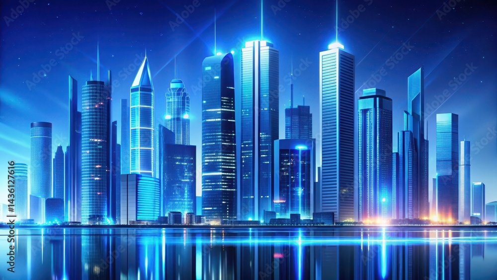 A futuristic cityscape with a stunning abstract blue gradient background and neon-lit skyscrapers, contemporary, modern architecture A futuristic cityscape with a stunning abstract blue gradient background and neon-lit skyscrapers, contemporary, modern architecture