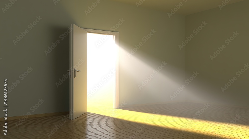 Fototapeta premium Open Door to a Clean Room with Sunlight Streaming In, Simple Interior Scene, Soft Diffused Light