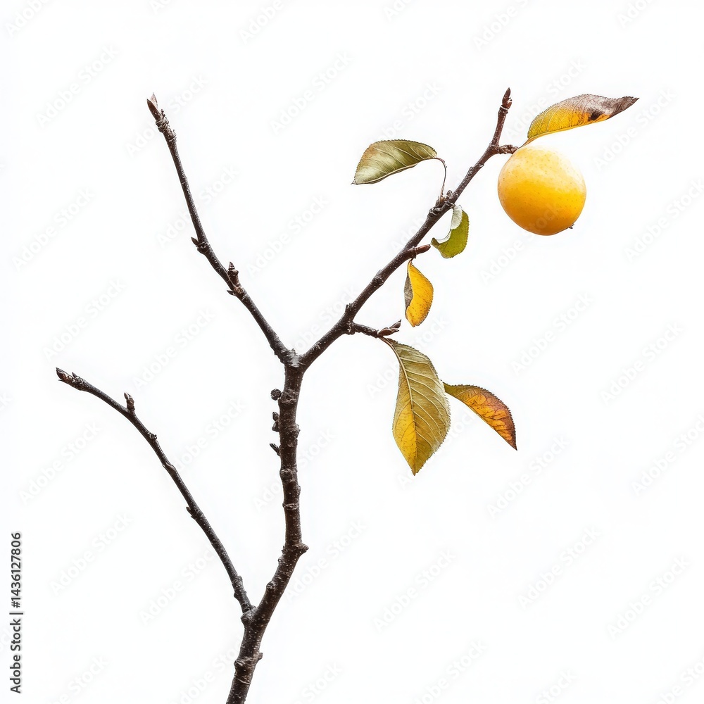 A solitary yellow fruit hangs from a bare branch, surrounded by sparse autumn leaves, set against a bright white background, symbolizing change and the transition of seasons A solitary yellow fruit hangs from a bare branch, surrounded by sparse autumn leaves, set against a bright white background, symbolizing change and the transition of seasons