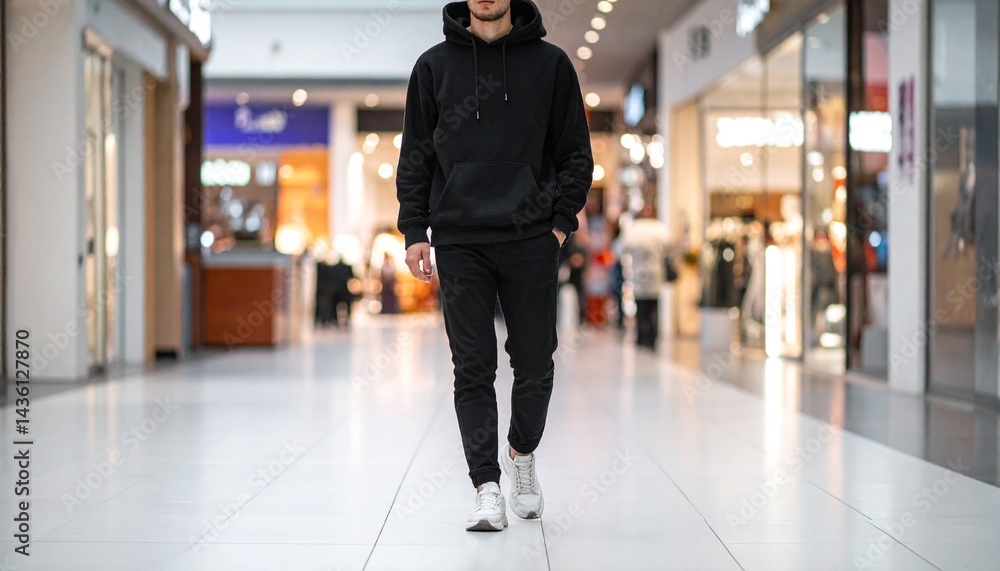 Obraz premium 黒いパーカーとスニーカーを合わせたカジュアルな装いでショッピングモールを歩くリラックススタイル