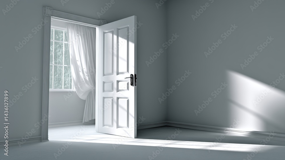 Fototapeta premium Open Door to a Clean Room with Sunlight Streaming In, Simple Interior Scene, Soft Diffused Light