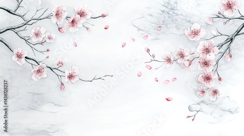 Fototapeta Naklejka Na Ścianę i Meble -  Delicate cherry blossoms grace a grey marble background.