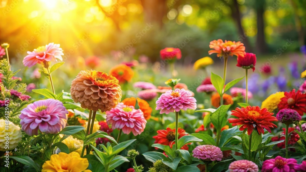 Vibrant colorful flowers blooming in a lush garden with greenery and sunlight filtering through leaves , garden beauty, colorful blooms Vibrant colorful flowers blooming in a lush garden with greenery and sunlight filtering through leaves , garden beauty, colorful blooms
