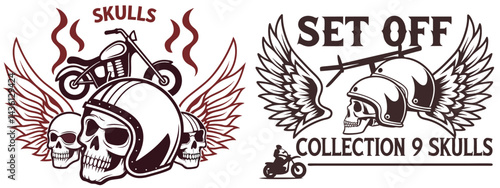 Epic biker gang emblem, winged skull wearing a spiked helmet, chopper bike silhouette behind, flaming background, bold vector style